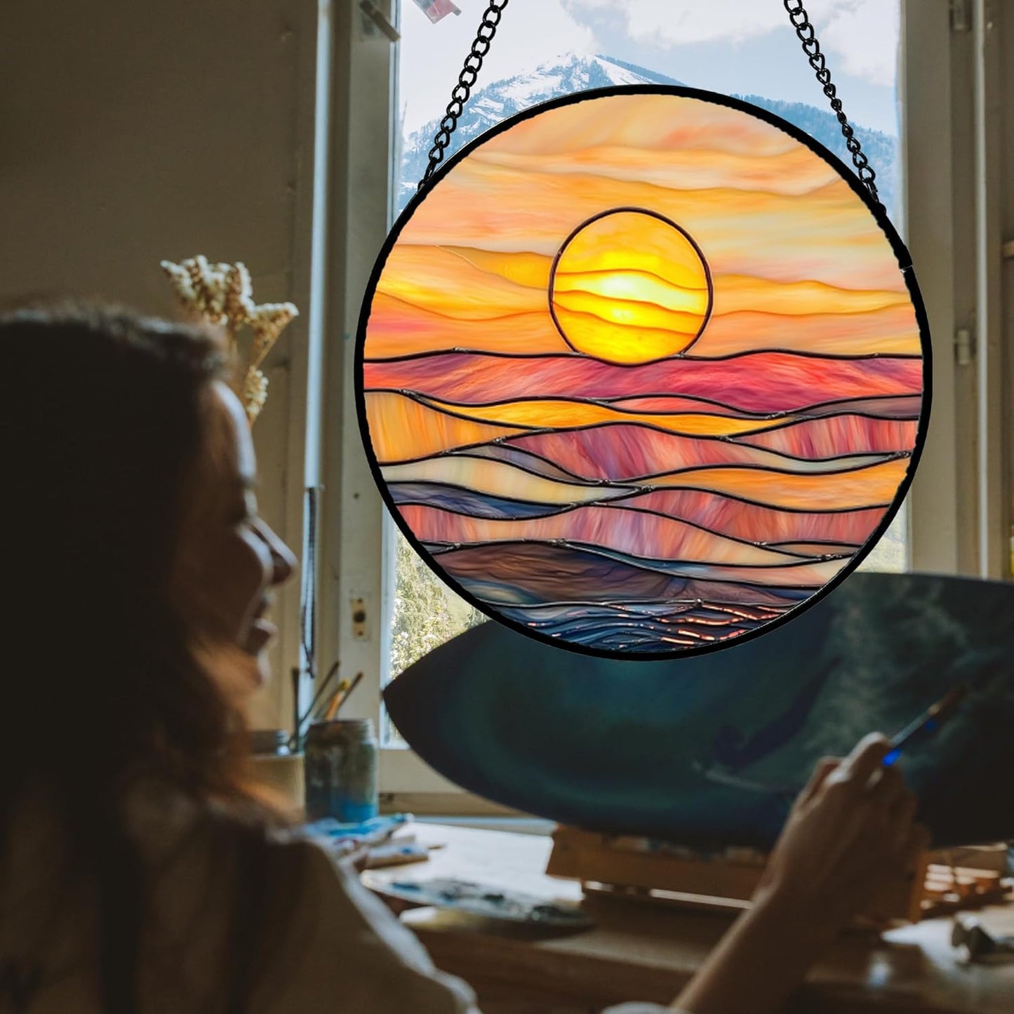 Stained Glass Window Hanging, Orange Sunrise Suncatcher Diamond Glass Panel Hangings Scenery Sun Catchers Decor for Birthday for Women, Men, Wife, Aunt, and Mom 6.3x6.3 in