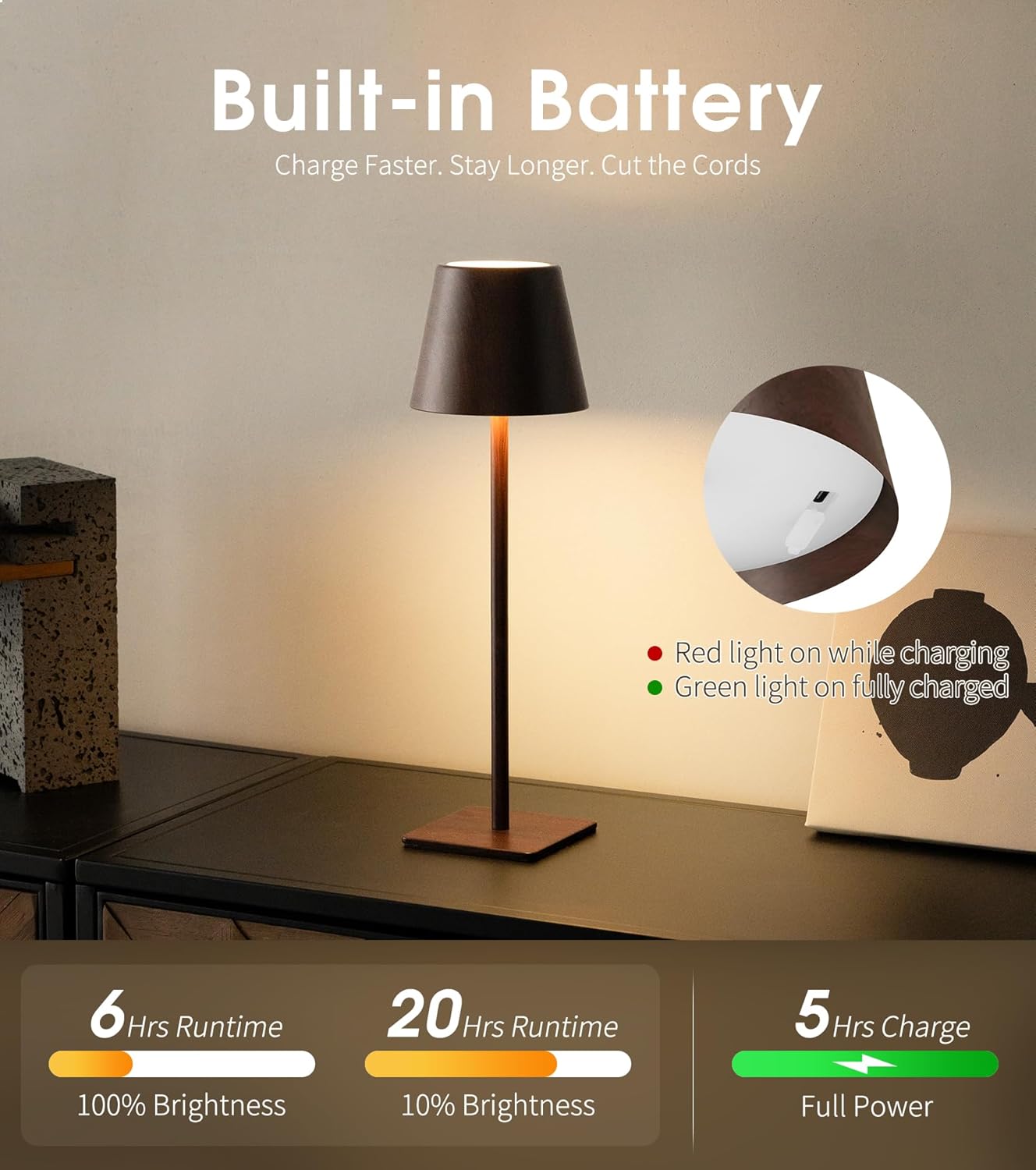 UME 3 Pack Cordless Table Lamp, Battery Operated Lamp - Portable Waterproof Rechargeable Table Lamp w/ 3 Color Temps & Stepless Dimming for Dinner, Desk, Cafe, Outdoor (Woodgrain)