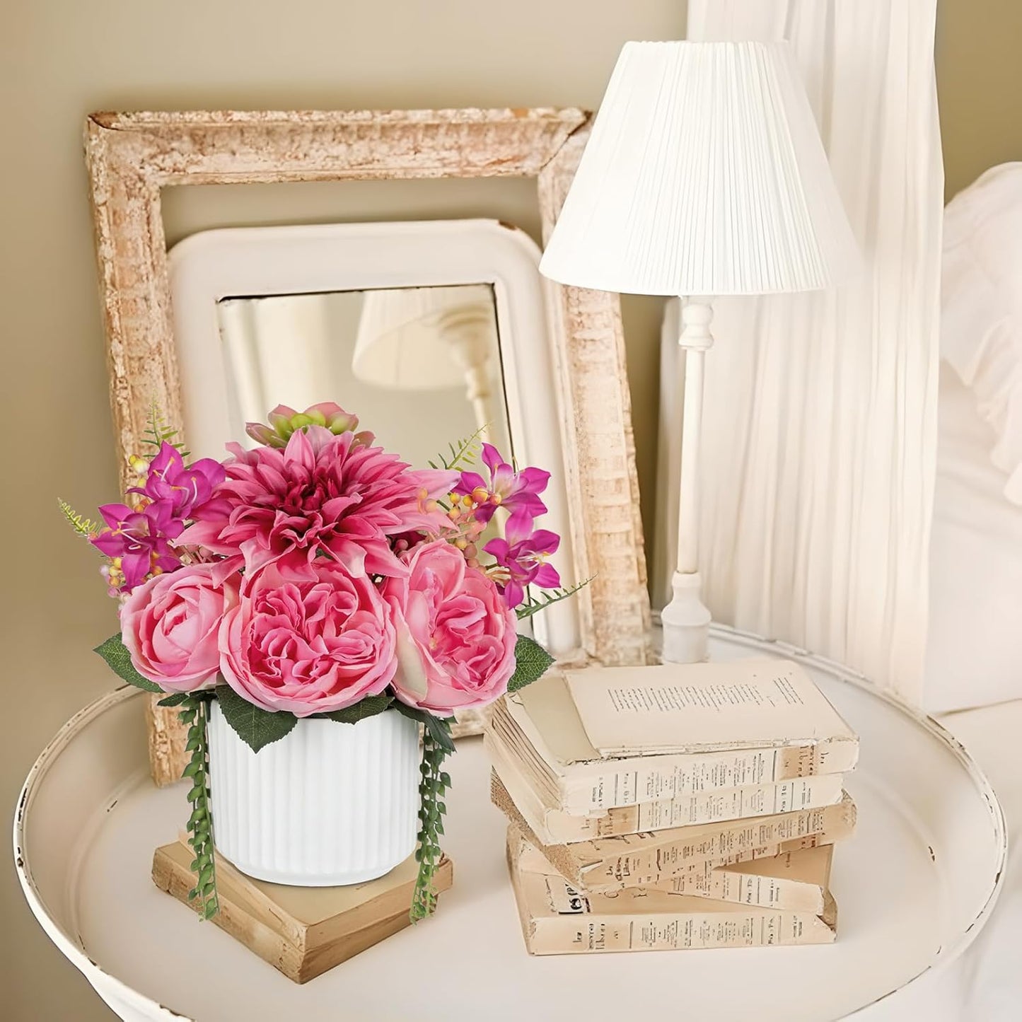 Briful 13" Faux Flower Arrangement in White Ceramic Vase – Pink Artificial Peony & Dahlia Silk Flower Centerpiece with Succulent Fake Potted Flowers for Home Office Tabletop Wedding Decor