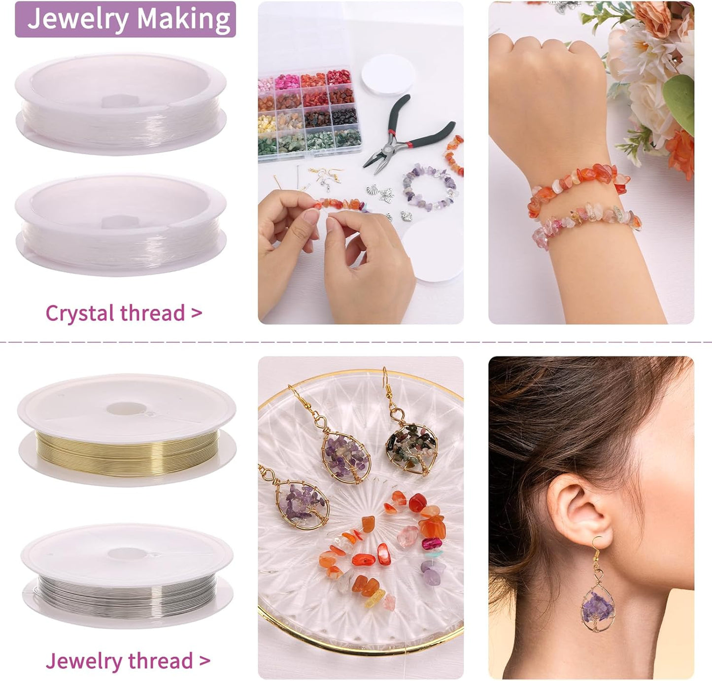 QUEFE 1800pcs 56 Colors Crystal Beads, Ring Making Kit, Gemstone Chip Beads Irregular Natural Stone with Jewelry Making Supplies for DIY Craft Bracelet Necklace Earrings, Craft Gifts