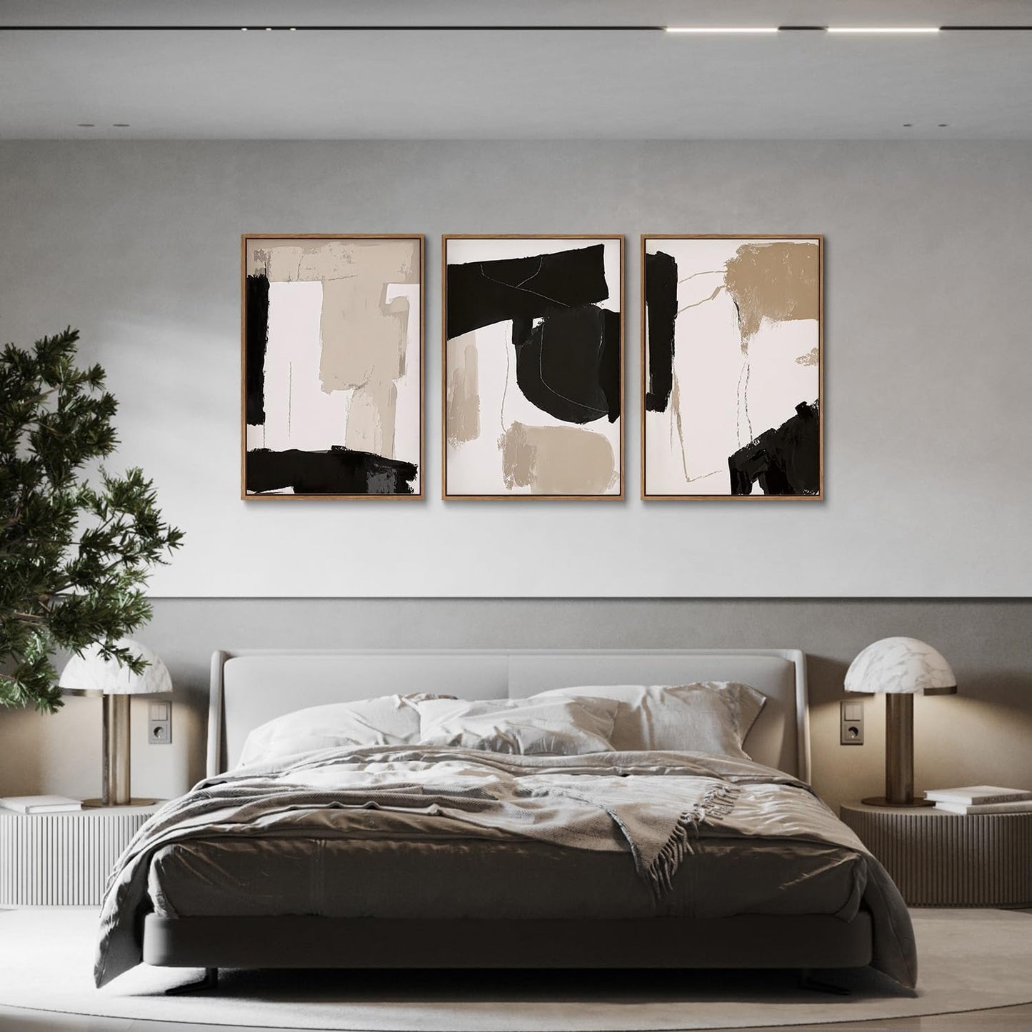 myusuar 3 Piece Large Modern Abstract Canvas Framed Wall Art For Living Room, Black And Beige Blocks Minimalist Wall Art Decor Posters Prints For Bedroom Office, 12x16in