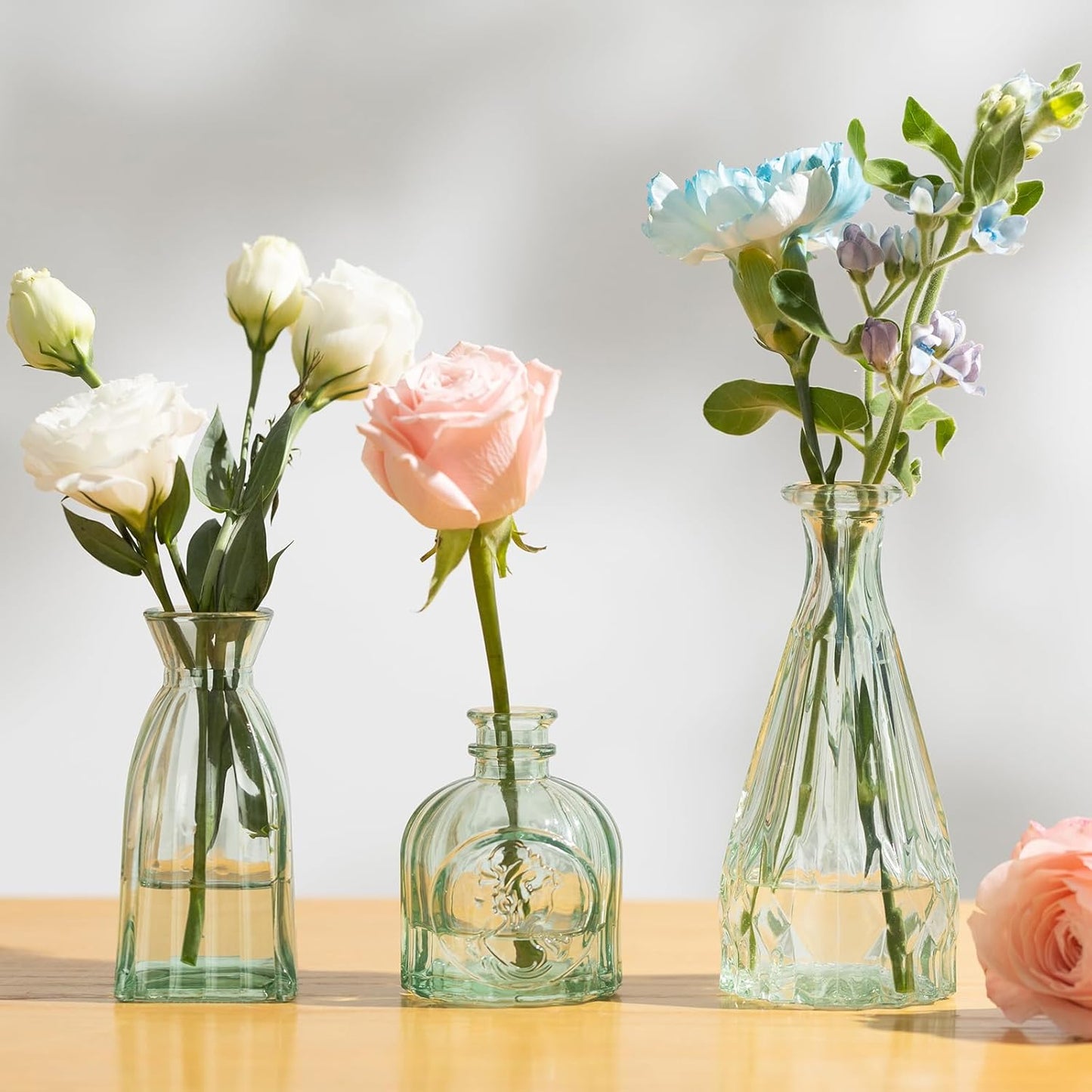 Vintage Small Glass Vases Set of 10,Mini Bud Vases for Flowers,Amber Glass Vases for Centerpieces,Wedding Decorations,Home Table Flower Decor(Sage Green)