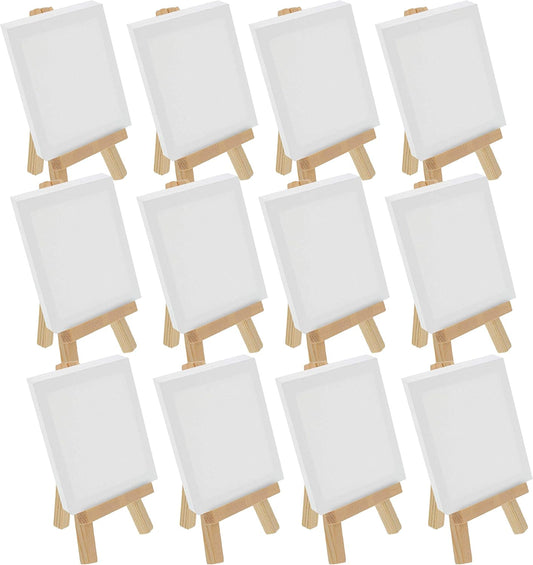 U.S. Art Supply 2" x 3" Stretched Canvas with 5" Mini Easel Kit (12 Pack) - Natural Wooden A-Frame Tabletop Display Stand, Mini Easel Stand - Small Easels for Display, Small Canvases, Crafts, Photos