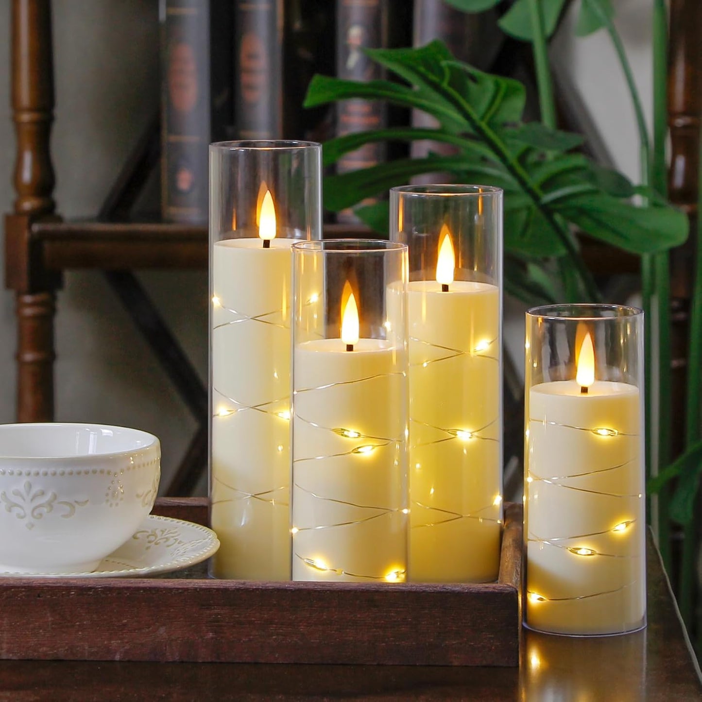 Ivory Flameless Candles with Remote and String Light, 2.2"x 5",5",6",7",7",8" LED Battery Operated Plastic Flickering Timer Pillar Candles(Pack of 6,Turn On/Off String Light Mode)