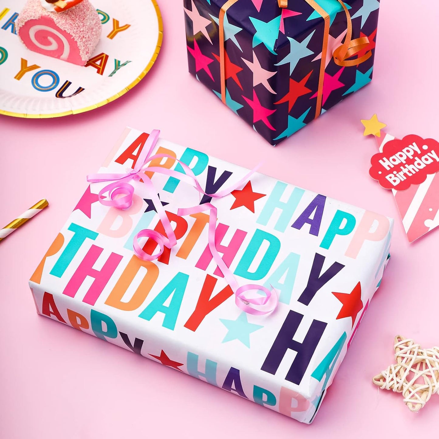 LeZakaa Reversible Stars Birthday Wrapping Paper Roll, Happy Birthday Lettering & Colorful Star, for Boys Girls, Mini Roll, 17 inches x 32.8 Feet (46.45 sq.ft.)