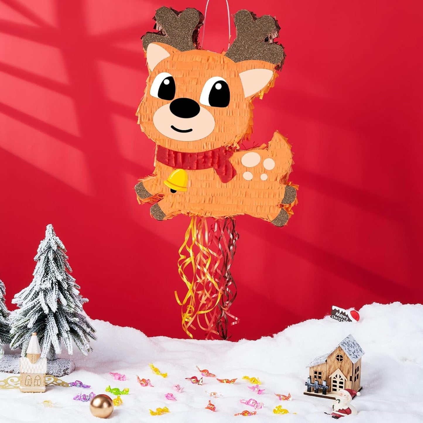 WERNNSAI Christmas Reindeer Pinata - Christmas Elk Decorations Xmas Reindeer Party Games for Kids Merry Xmas Decorations Indoor Outdoor Festival Carnival Party Supply Xmas Pinata with Blindfold Bat