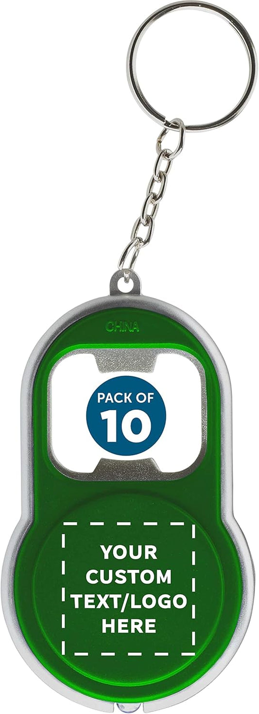 DISCOUNT PROMOS Custom Bottle Opener & LED Keychains Set of 10, Personalized Bulk Pack - Perfect for Tradeshows, Party Favors, Other Events - Green