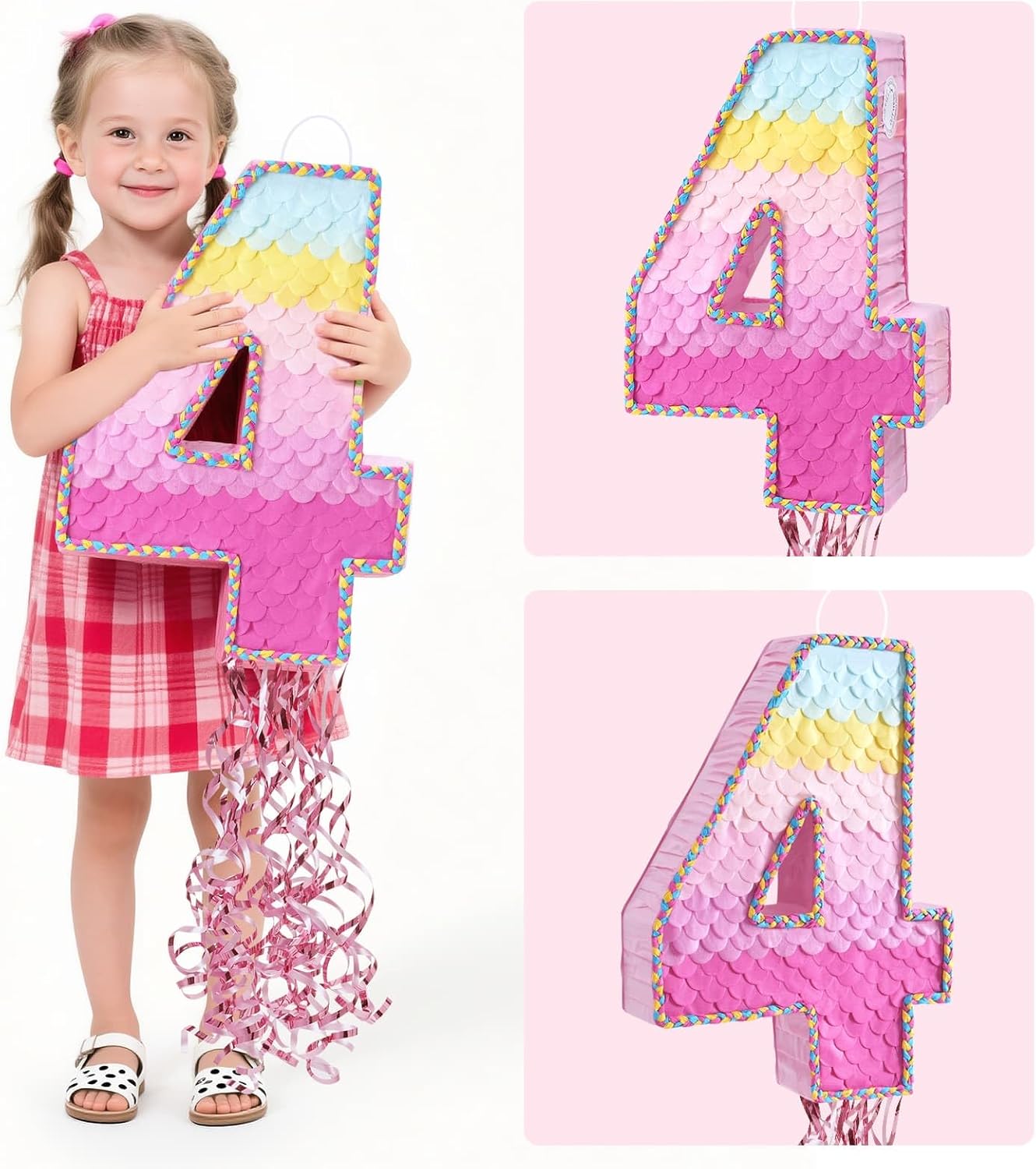 WERNNSAI Pink Sweet Four Pinata - Number 4 Pinata Happy Birthday Decoration Pink Rainbow Design Party Games for Girl Princess Baby Shower Party Favor with Blindfold Anniversary Celebration Supplies