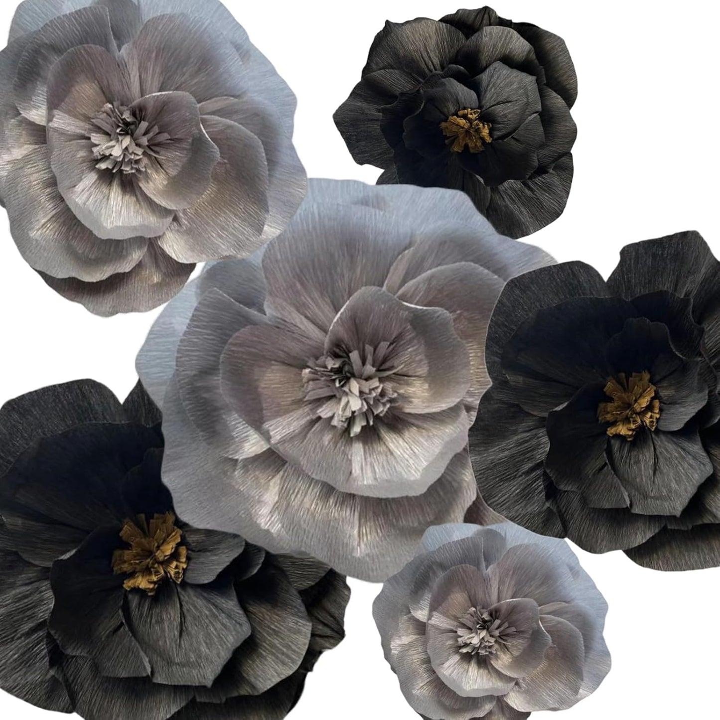 BRT Bearingshui Crepe Paper Flowers Decoration for Wall Total 6 Pcs, Artificial Flowers for Wedding Decor,Flower Backdrop Decor, Baby Bridal Shower Birthday Party, Silver Black 3D Wall Flowers Decor