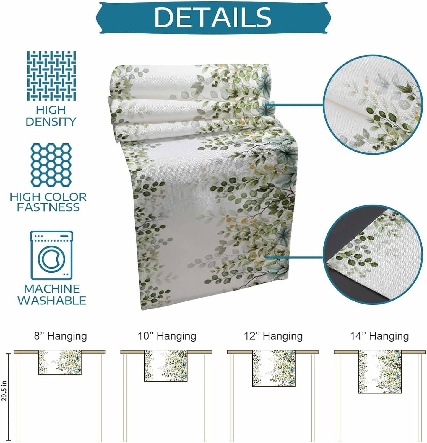 Sage Green Eucalyptus Cotton Linen Table Runner for Dining Kitchen, Farmhouse Leaves Wedding Outdoor Party Tablerunners Decoration Botanical Floral Dresser Scarf Coffee Tablecloth Runners 13x60 Inches