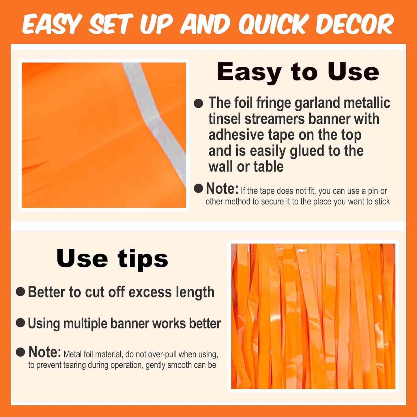 4 Pack 10 Ft Macaron Orange Foil Fringe Garland Metallic Streamers Tinsel Banner Wall Hanging Garland Backdrop for Parade Floats, Halloween, Christmas, Thanksgiving, New Year Party Decorations