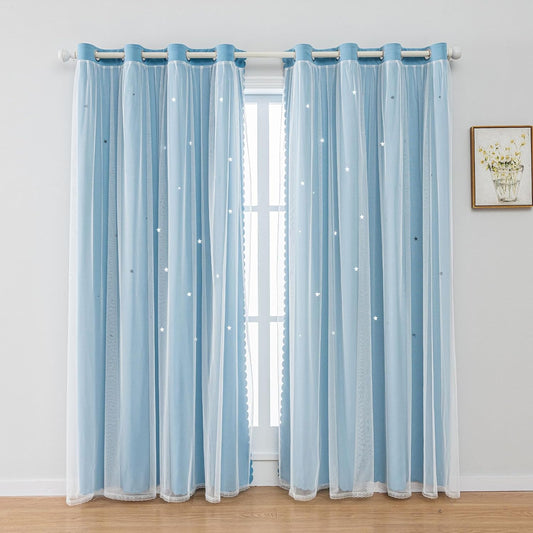 FANLI 2 Panels Star Blackout Curtains for Kid Girls Bedroom Living Room Darking Stripe Double Layer Star Cut Out Wall Home Decor Gradient Grommet Window Curtains (Blue 84L)