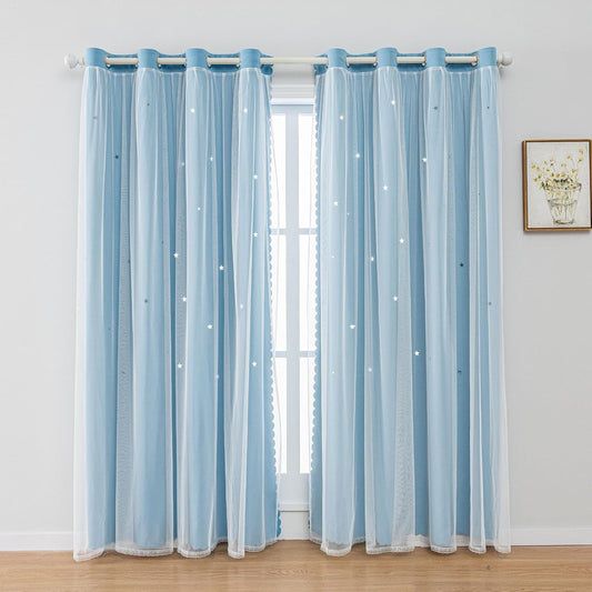 FANLI 2 Panels Star Blackout Curtains for Kid Girls Bedroom Living Room Darking Stripe Double Layer Star Cut Out Wall Home Decor Gradient Grommet Window Curtains (Blue 72L)