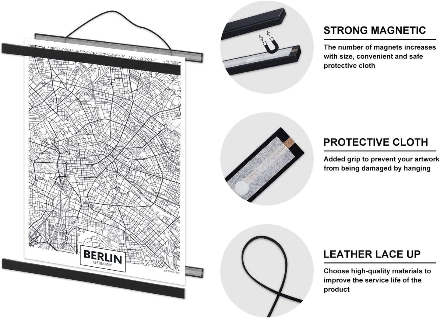 Magnetic Poster Hanger, 37x28 37x40 37x25 Poster Frame Wood Wooden Magnet Print Posters Dowel Scroll Hanger Hangers Hanging Kit for Walls Map Canvas Artwork (Black, 37")