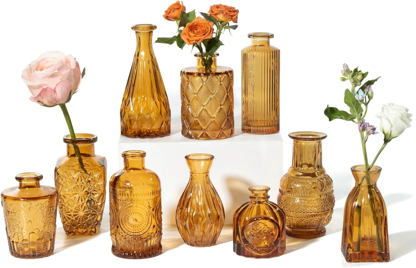 Vintage Small Glass Vases Set of 10,Mini Bud Vases for Flowers,Amber Glass Vases for Centerpieces,Wedding Decorations,Home Table Flower Decor (Amber)