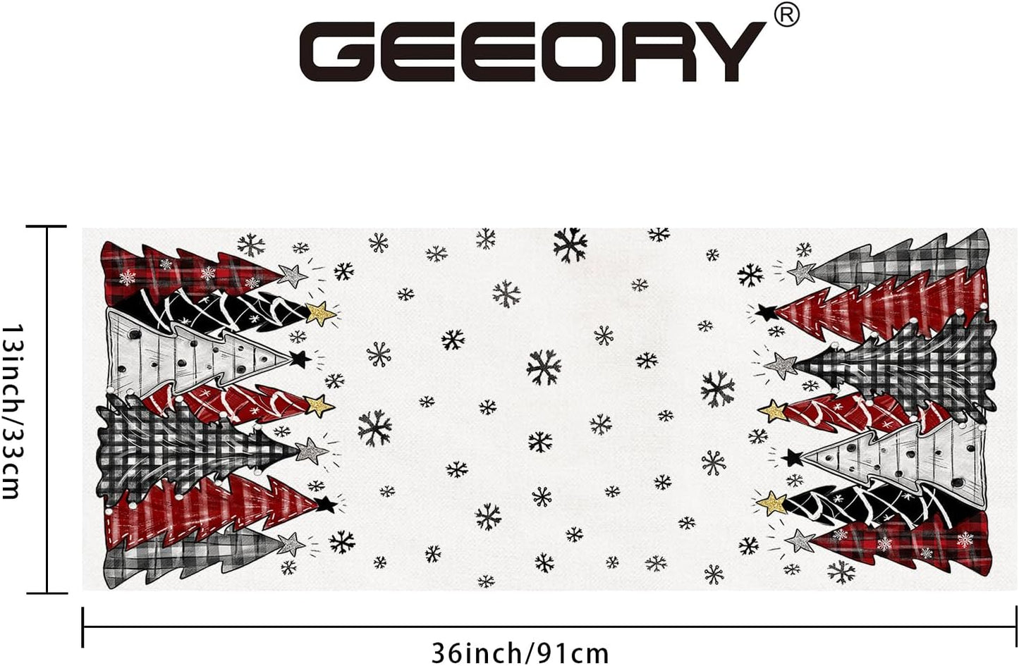 GEEORY Christmas Table Runner 13x36 Inch, Xmas Tees Snowflakes Holiday Decorative Farmhouse Table Decoration for Kitchen Dinning, Indoor Outdoor Dinner Party Decor (Red & Black) GT165-36