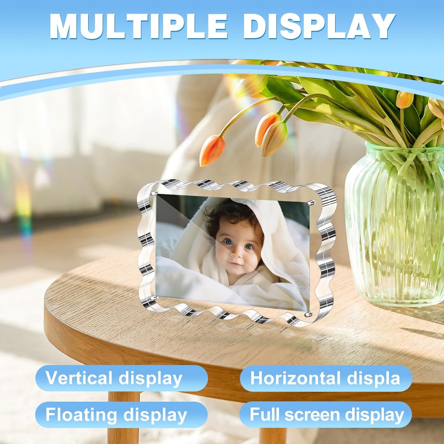 Aheroi Acrylic Picture Frames, 3 Pack 4x6 Clear Scalloped Photo Frame Freestanding Magnetic Double Sided Picture Frames, Transparent Thickened Frameless Acrylic Sign Holder, No Instal