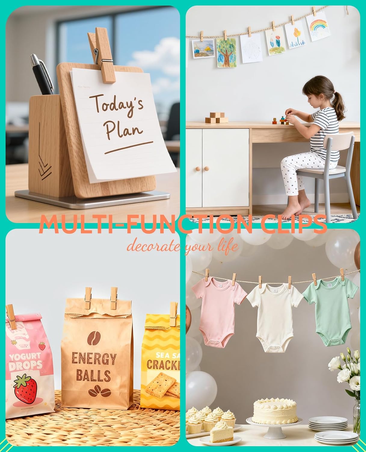 Mini Clothespins, Sopito 100 Pcs 1.4'' Strong Wooden Mini Clips for Photos with 10 Pcs Washi Tapes and 43 Ft Jute Twine, Colorful Small Clothes Pin for Picture, Crafts, Baby Shower