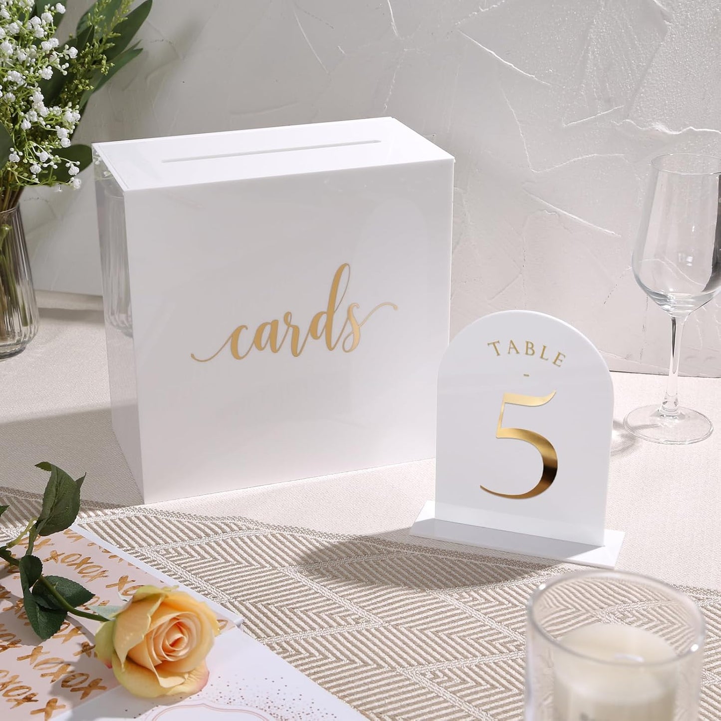UNIQOOO White Arch Wedding Table Numbers with Stands 1-15, Gold Foil Printed 5x7 Double sided Acrylic Signs and Holders, Perfect for Centerpiece, Reception, Decoration, Party, Anniversary, Event