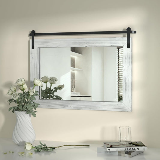 COGOOD Farmhouse Barn Door Mirror - 28" x 20" Rustic Wood Framed Wall Mirror for Bathroom, Living Room, Entryway Wall Decor (White)