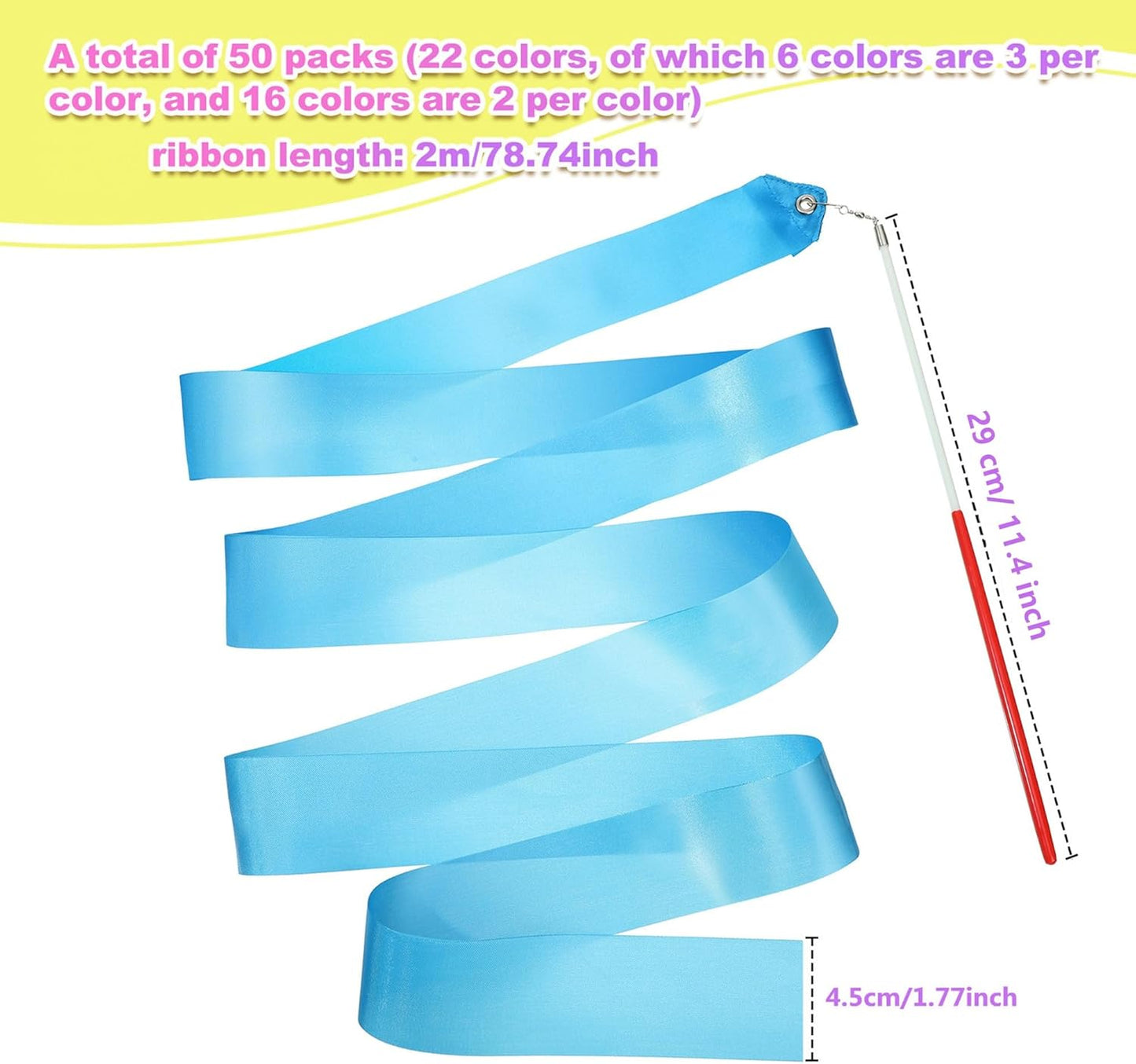 Yilloog 50 Pcs Ribbon Dancing Wands Party Favors, 78.7 Inch Artistic Gymnastics Ribbon Streamers Twirling Wands, Rainbow Birthday Decorations