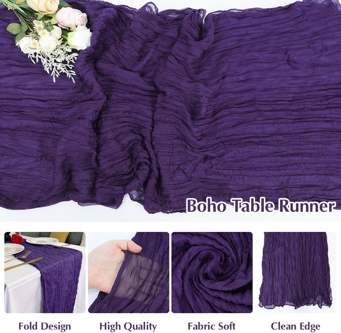 10 Pack Purple Cheesecloth Table Runner -21*120Inch Long Boho Wedding Table Decor, Rustic Gauze Fabric Runner for Bridal Showers, Baby Showers & Parties (Sheer, Lightweight, Wrinkled Design)