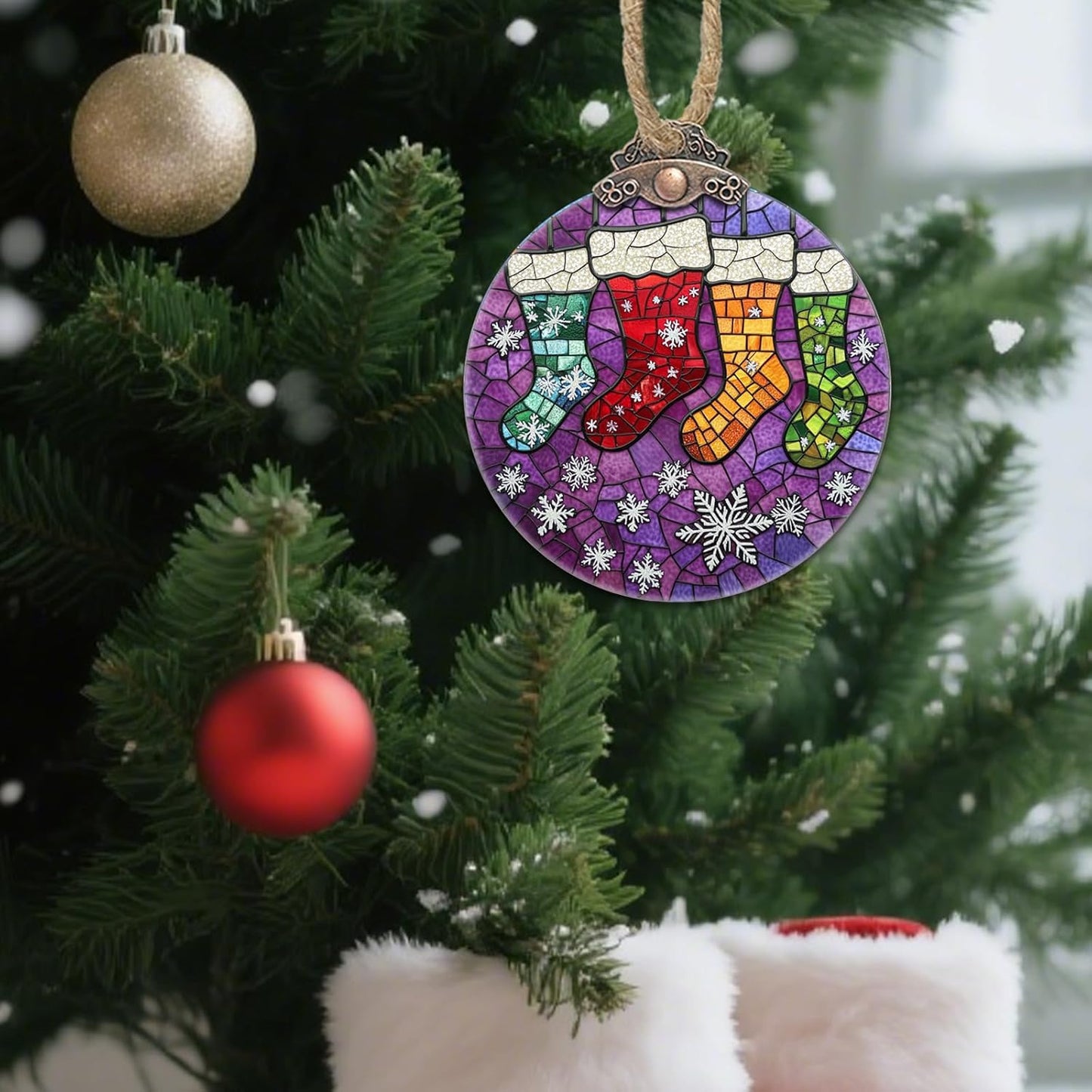 Stained Glass Christmas Decorations, Colorful Stockings Purple Suncatcher for Window Christmas Tree Hanging Ornaments Snowflake Sun Catcher Xmas Decor Gifts for Women Men Mom Nana Friend