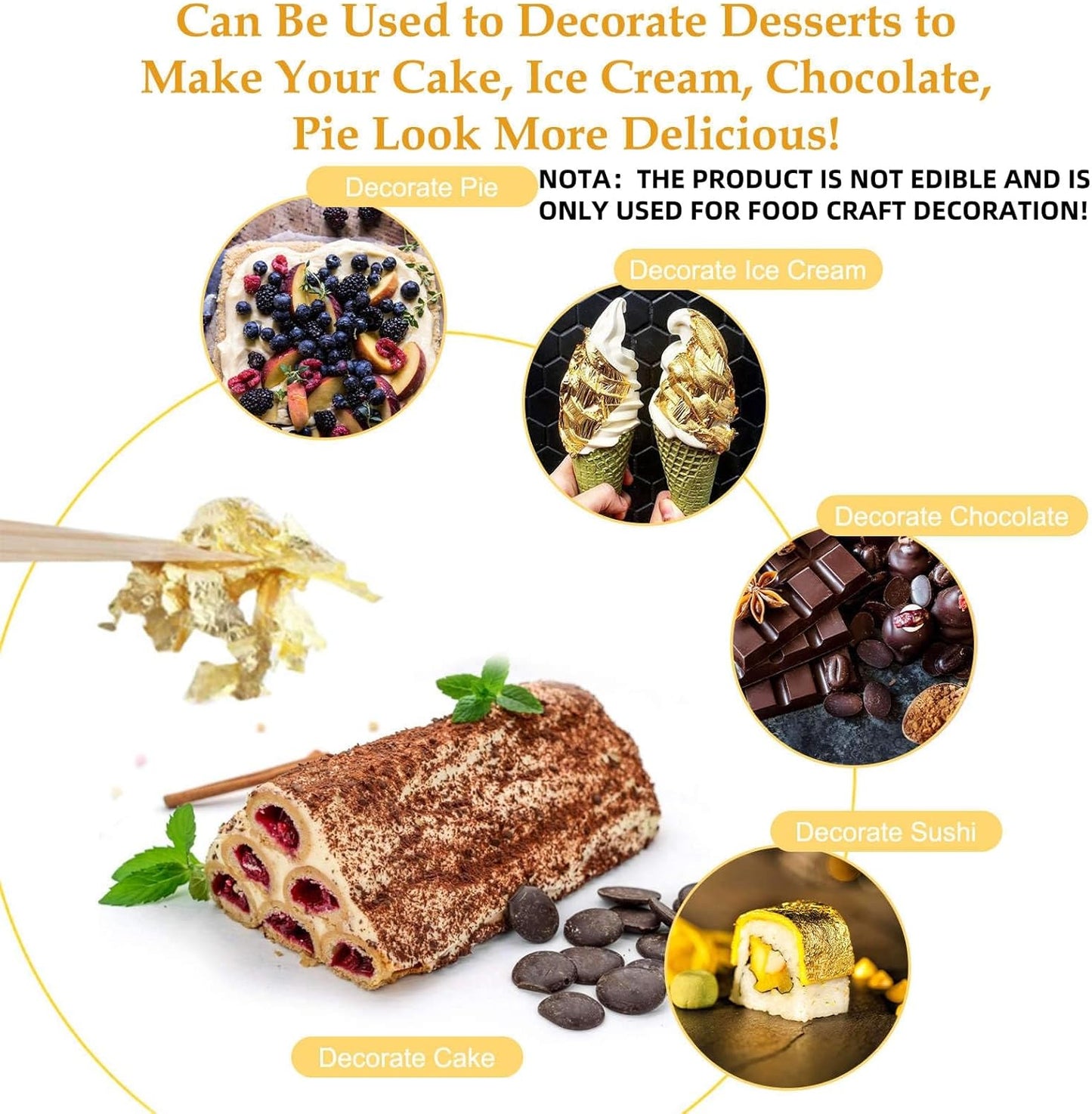 20 Sheets Gold Flakes, Premium 24K Gold Leaf 3.15×3.15 Inches Craft Art Decoration Perfect for Decorating Cakes Desserts Drinks Ice Cream Sushi