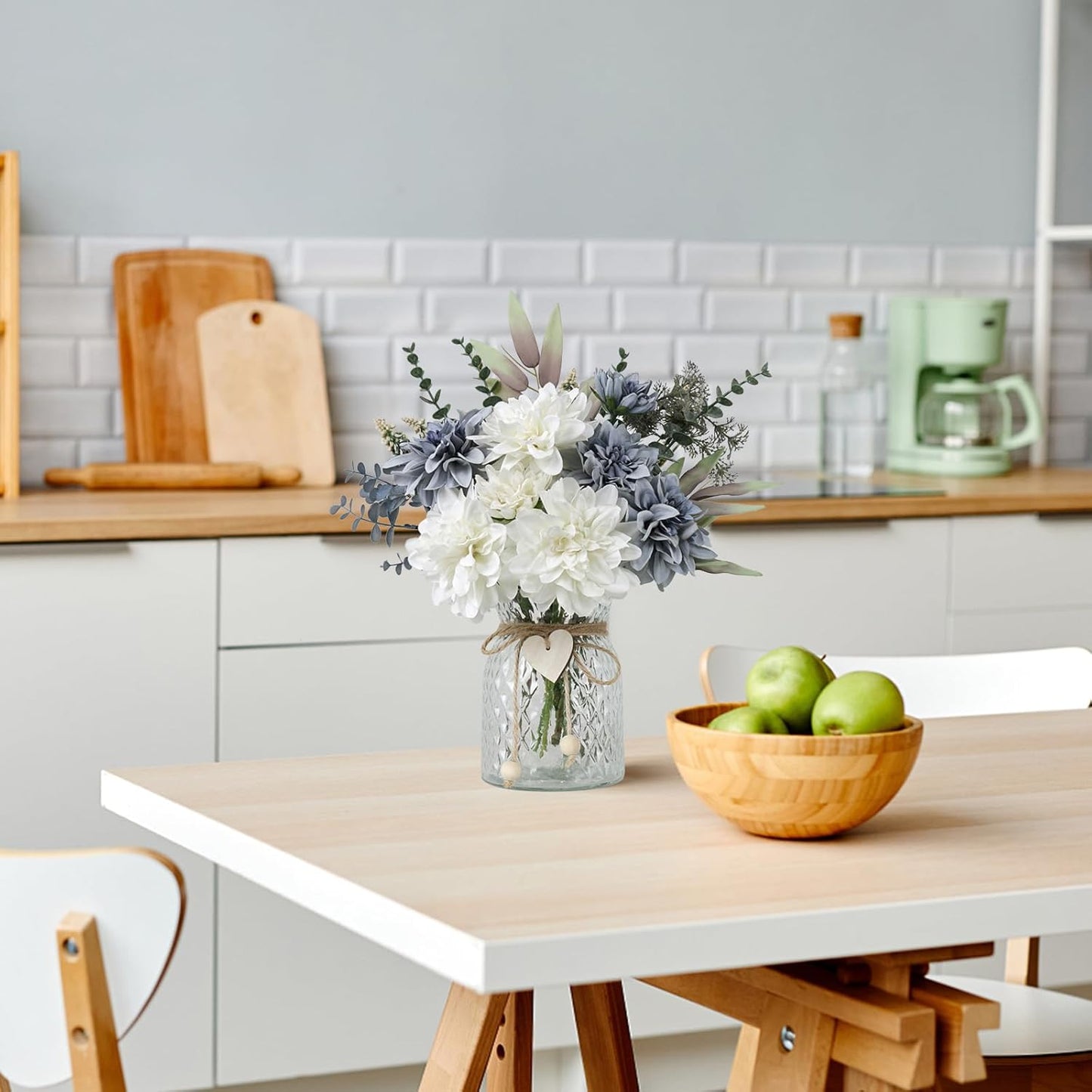 Fake Flowers with Vase,8 Dahlias, with a Flower Arrangement Holder,Silk Faux Dahlia Artificial Flowers in Vase,Centerpiece Table Decorations,Coffee Table Decor