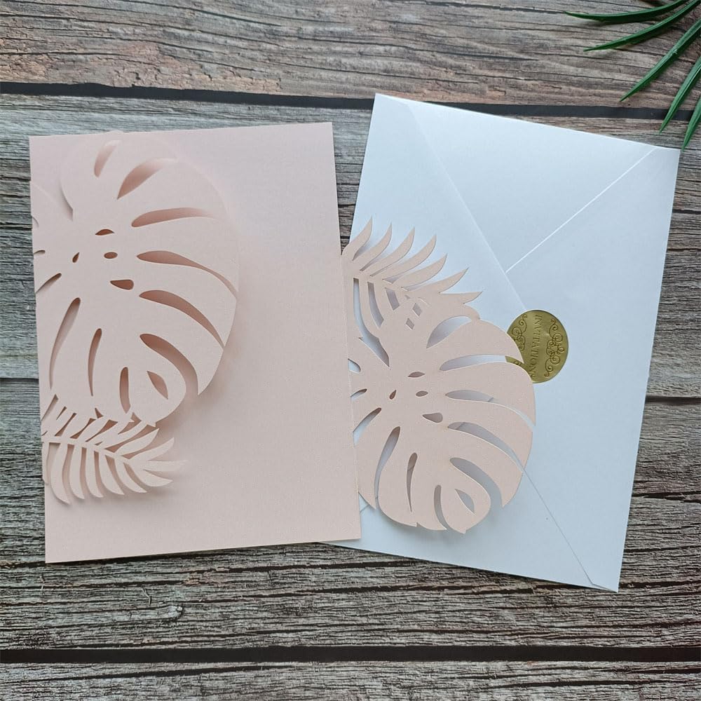 MillaSaw Flower Laser Cut Invitations Pink Plame Invitation Jacket With Envelope, for Wedding Anniversary Birthday Cards Holiday Party Decoration (soft pink)