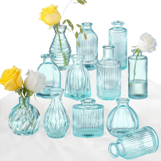 Bud Vases Set of 12, Blue Glass Vase Small Vintage Flower Vase for Decor Ribbed Glass Bud Vases in Bulk Wedding Decor Bridal Shower Party Centerpieces Home Room Table Decorations