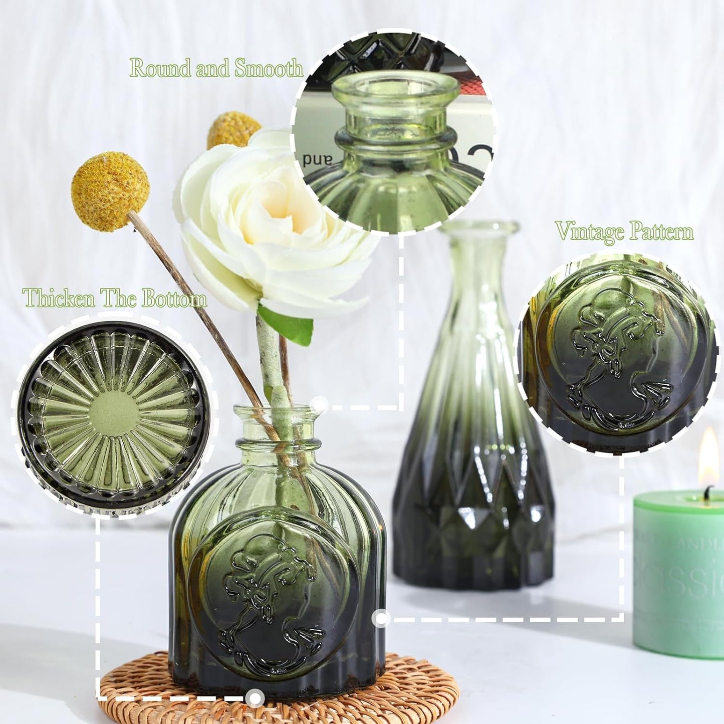 Glass Bud Vases Set of 5, Mini Flower Vase for Centerpieces, Small Clear Vases in Bulk for Wedding Decorations, Vintage Vase for Table, Recepetion, Home Décor (Green)