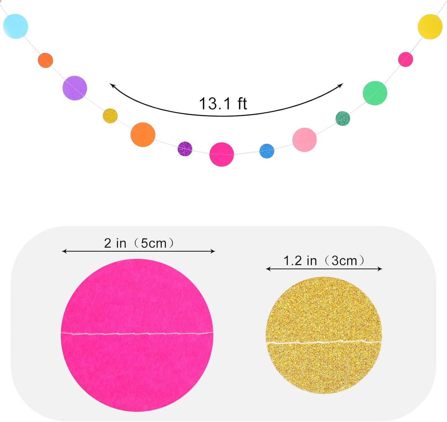 Outus 20 Pieces Colorful Dots Paper Garland Round Glitter Garland Hanging Confetti Streamers Backdrop for Candy Birthday Classroom Halloween Trunk or Treat Car Decoration (Rainbow)