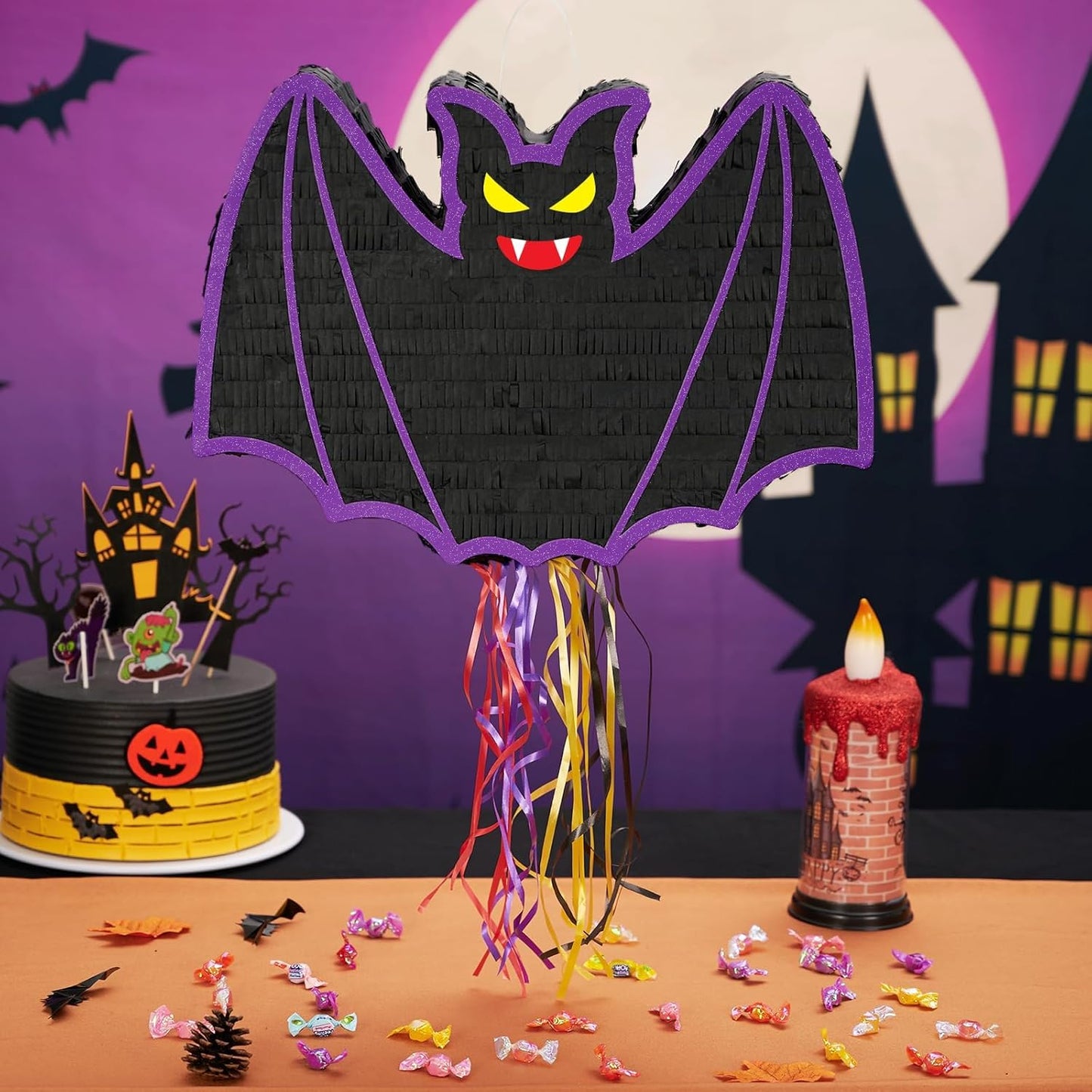 WERNNSAI Halloween Pinata - Halloween Party Decoration Scary Hallo-ween Pinata for Kids Baby Hallo-ween Costumes Party Purple Evil Bat Design Hallows Eve Decor Favor with Bat & Blindfold