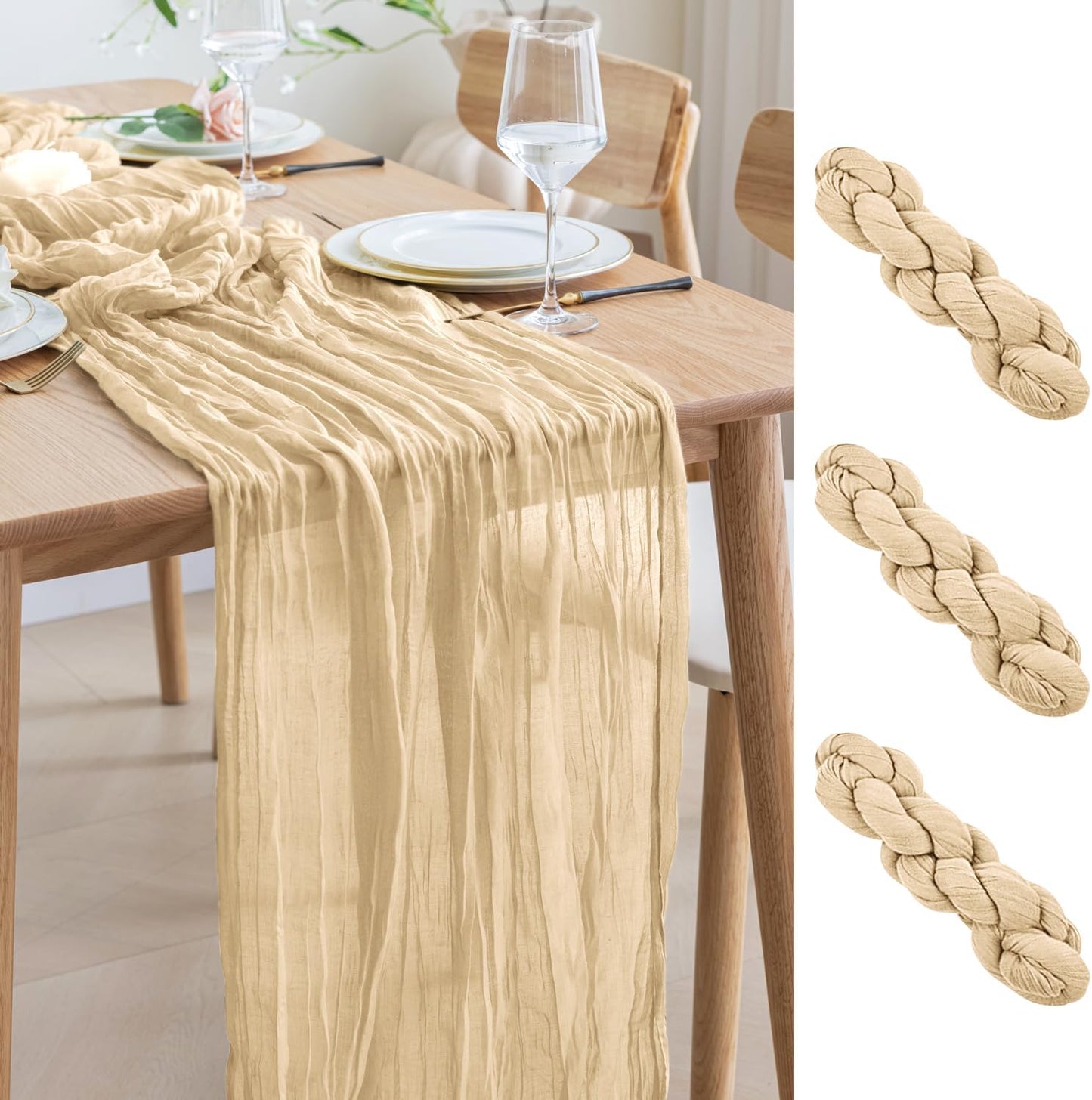 Asee'm 3pcs Cheesecloth Table Runner 120 Inches Long Sand Boho Gauze Cheese Cloth Runner 10FT Rustic Sheer Table Runners for Christmas Wedding Party Baby Shower Spring Easter Decoration
