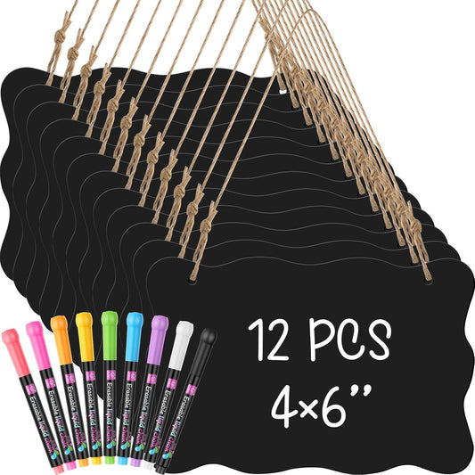 12 Pcs 4 x 6 Acrylic Chalkboard Hanging Sign with Chalk Markers Chalk Board Signs with Hanging String for Wedding Kitchen Home Party Decoration (Wave)