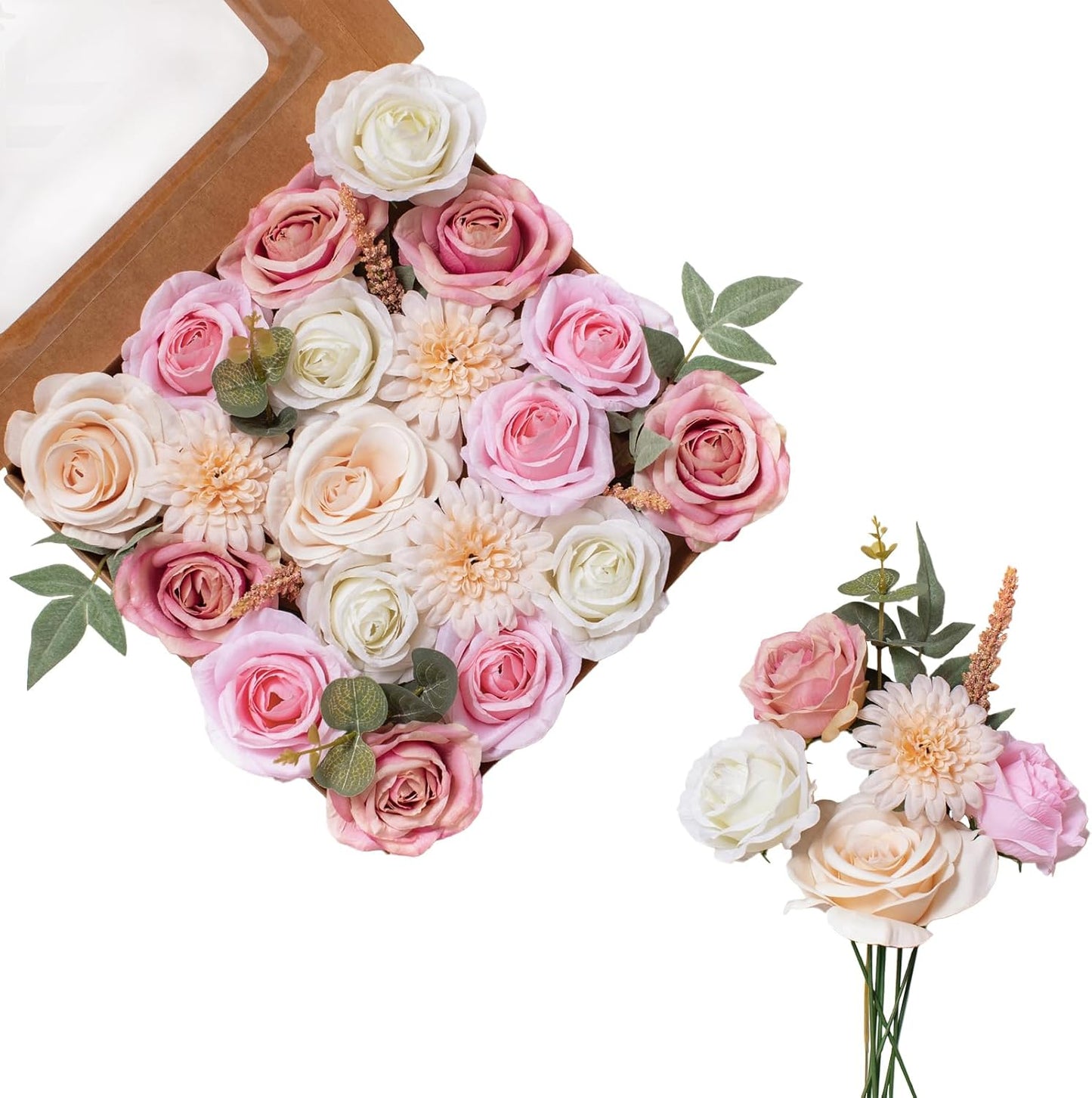 FANKO Rose Artificial Flowers Combo for DIY, Fake Pink Rose Artificial Silk Flowers with Greenery, Real Looking Artificial Faux Flowers for Wedding, Table Decoration, Centerpieces, Party, Home Décor
