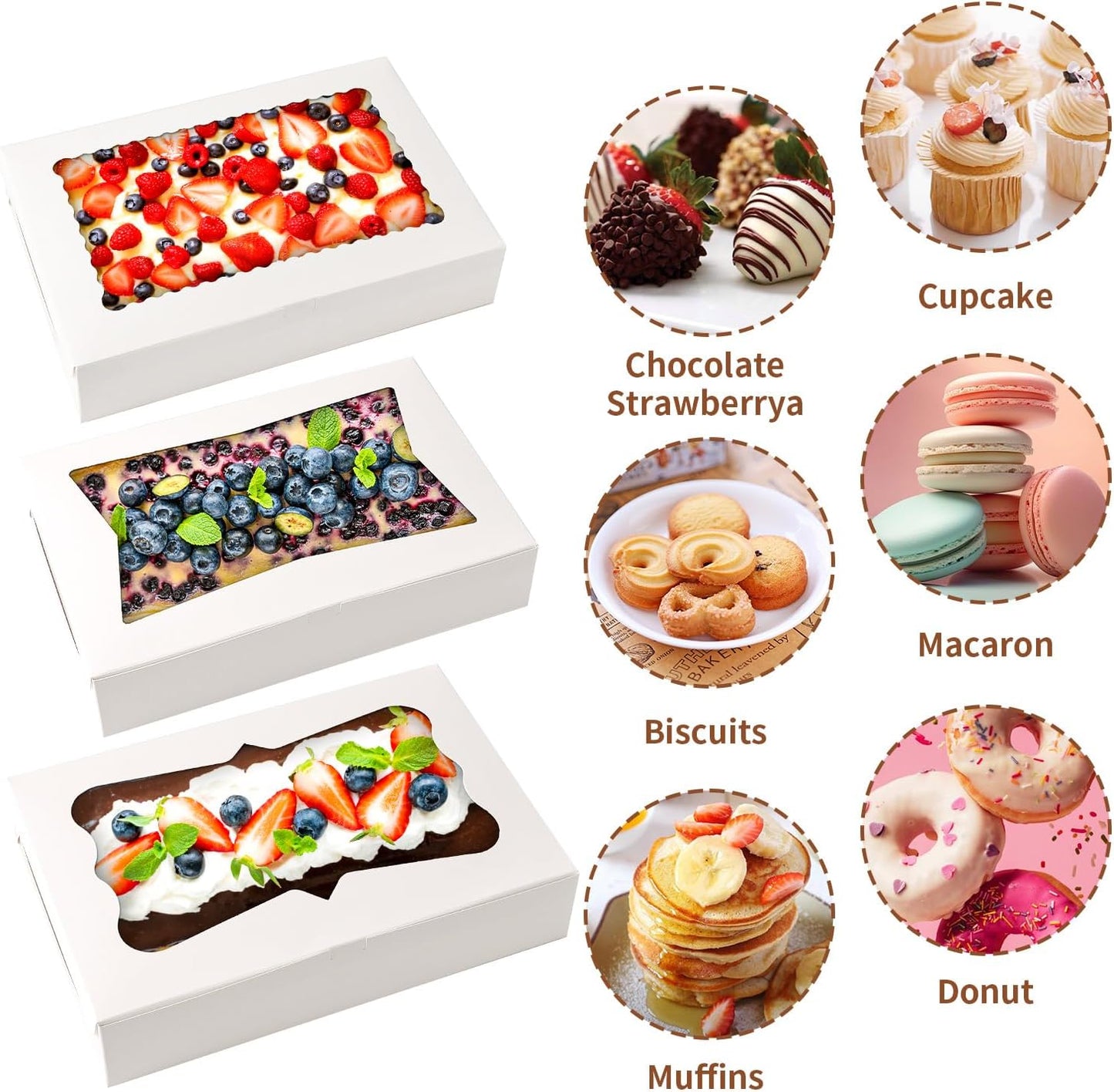 48pcs12x8x2.5 Inches Bakery Boxes,Cookie Boxes with 3Style for Window Bread,Treat，Chocolate,Strawberries,Dessert,Cakes,Donuts,Muffins,pastry