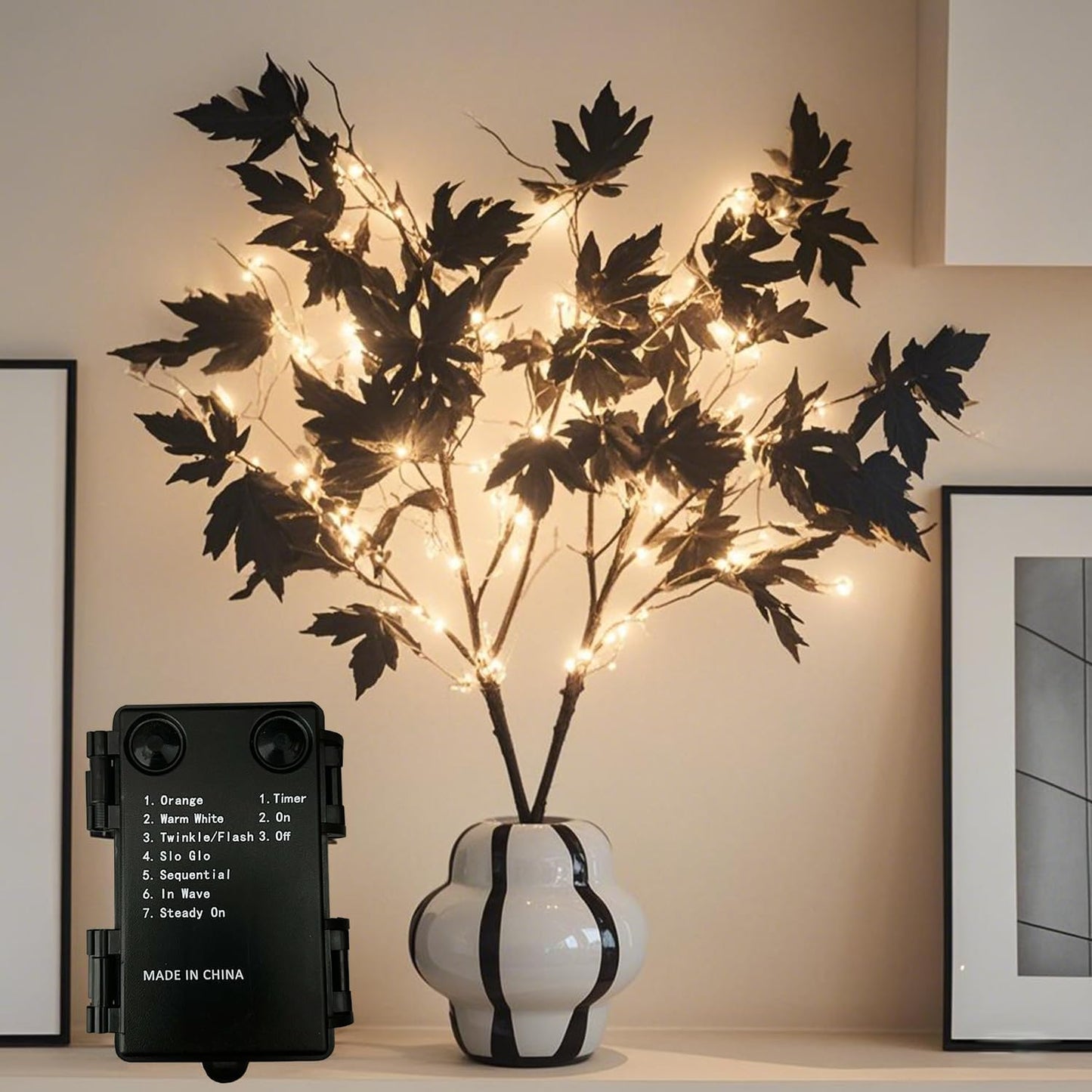 LITBLOOM Black Tree Branches with Lights 32IN Battery Operated with Timer, Lighted Halloween Maple Branches with 120 Orange and Warm White LED Lights for Fireplace Table Halloween Decoration