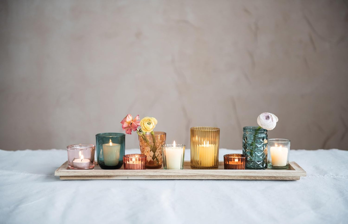 Creative Co-Op Round Glass Votive Holders on Wood Tray, Yellows & Greens, Set of 9