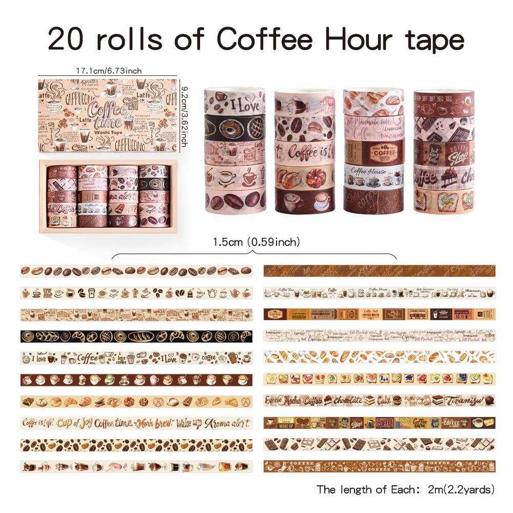 20 Rolls Coffee Theme Washi Tape Set, Writable Decorative Tapes for Scrapbooking, Bible Journaling, Bullet Journaling, 0.6"x79" per Roll