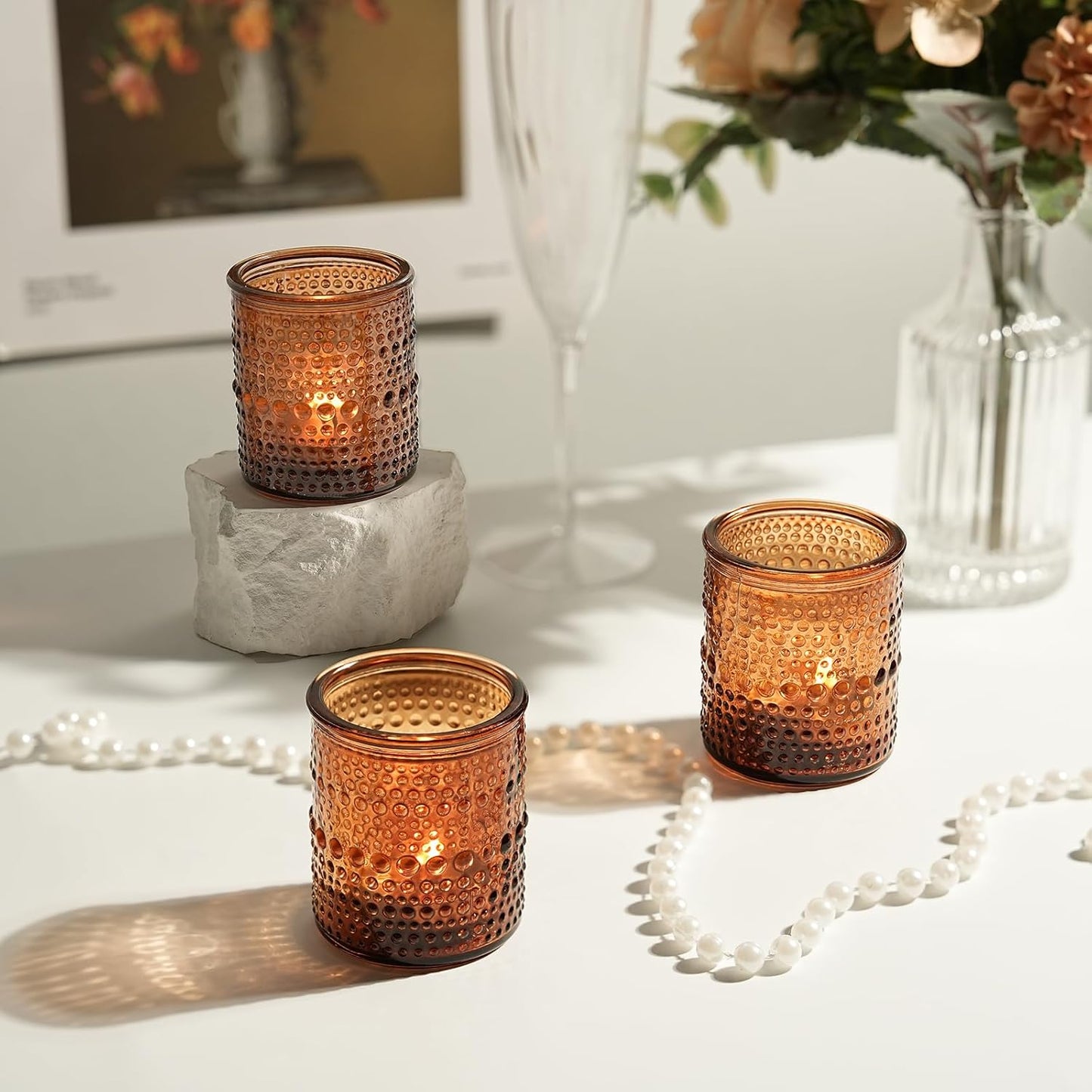 36pcs Amber Votive Candle Holders for Fall Decor, Glass Small Tea Lights Candle Holders for Table Centerpiece for Home Decor Party Fall Boho Decor (Amber)