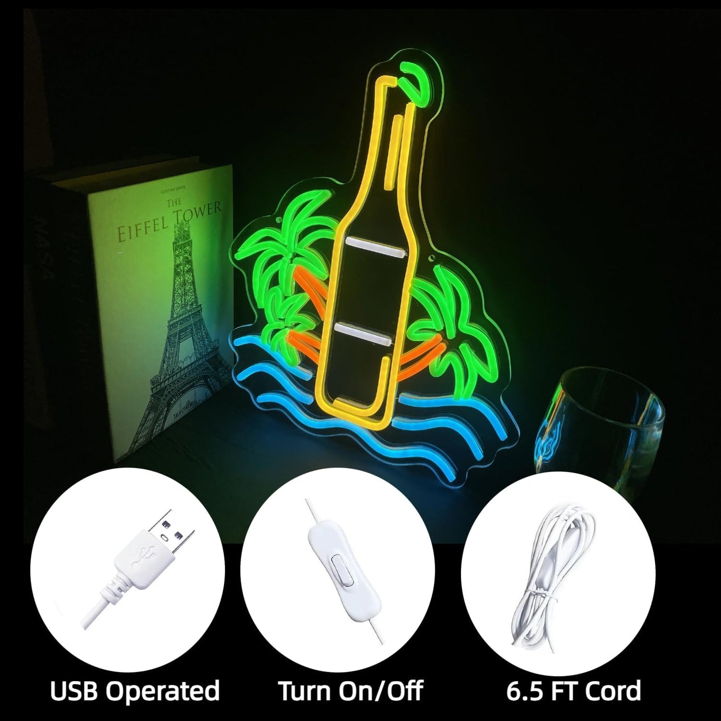 Palm Tree Beer Bottle Neon Sign Dimmable LED Neon Light for Wall Decor, Neon Light Up Signs for Man Cave Pub Store Party Club LED Lights Decor