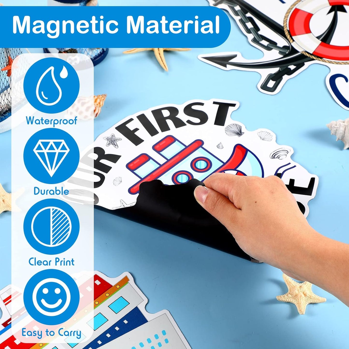 Hoteam 4 Pcs Our First Cruise Door Decorations Magnetic Large First Cruise Ship Door Magnets Funny Waterproof Nautical Magnets for Carnival Cabin Stateroom Fridge Car