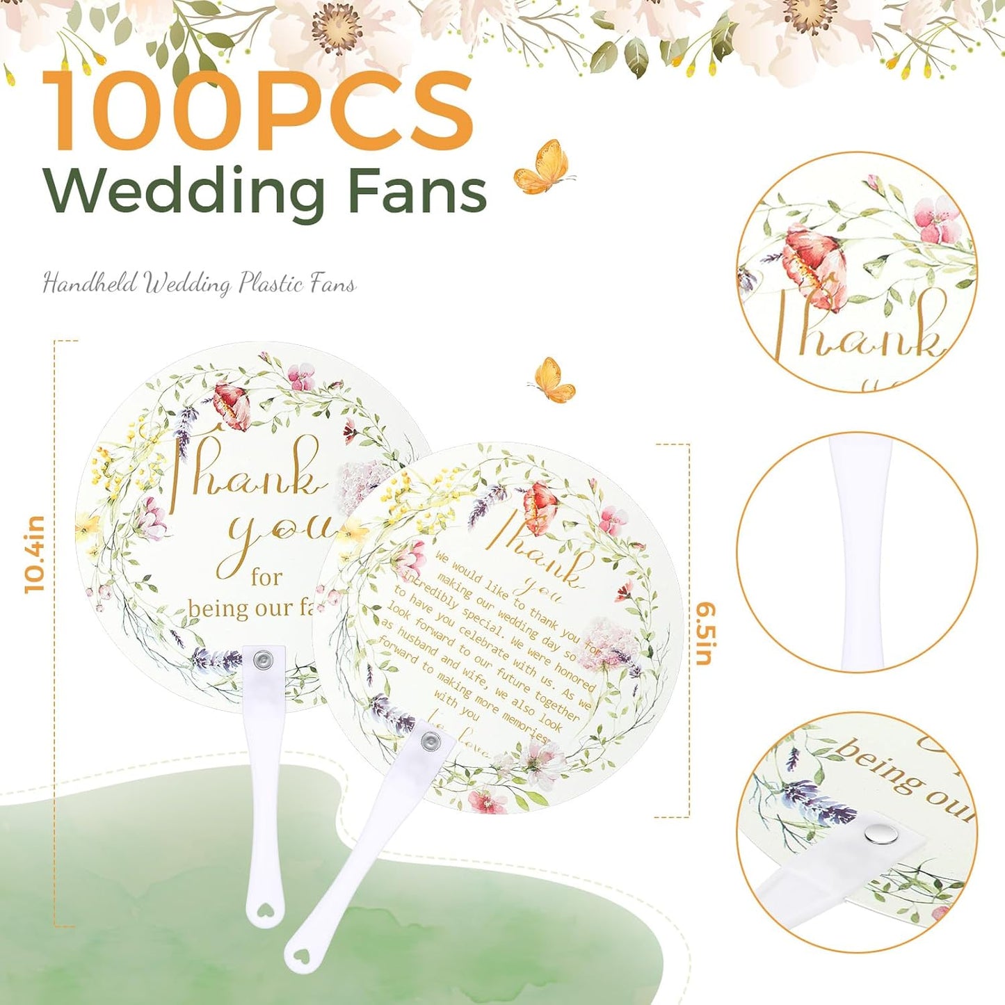 Roowest 100 Pcs Wedding Fans for Guests Bulk Plastic Floral Handheld Wedding Fans with Handle Thank You for Being Our Fan for Ceremony Bridal Baby Shower Party Favors Decoration(Elegant Style)