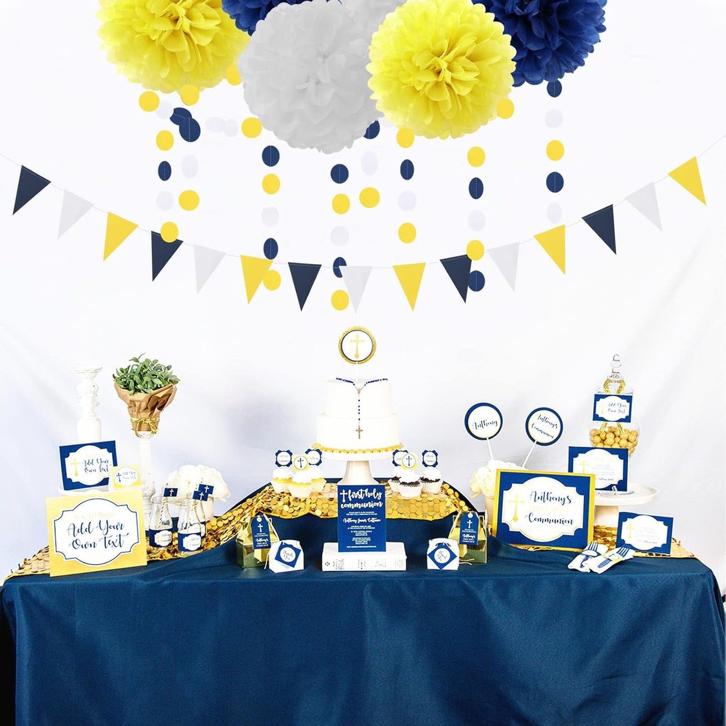 Navy-Blue White-Yellow Graduation Party Decorations - 23pcs Tissue Pom Poms Streamers,Birthday Tassel Garland Banner,Wedding Engagement Baby Bridal Shower Decor Ouruola