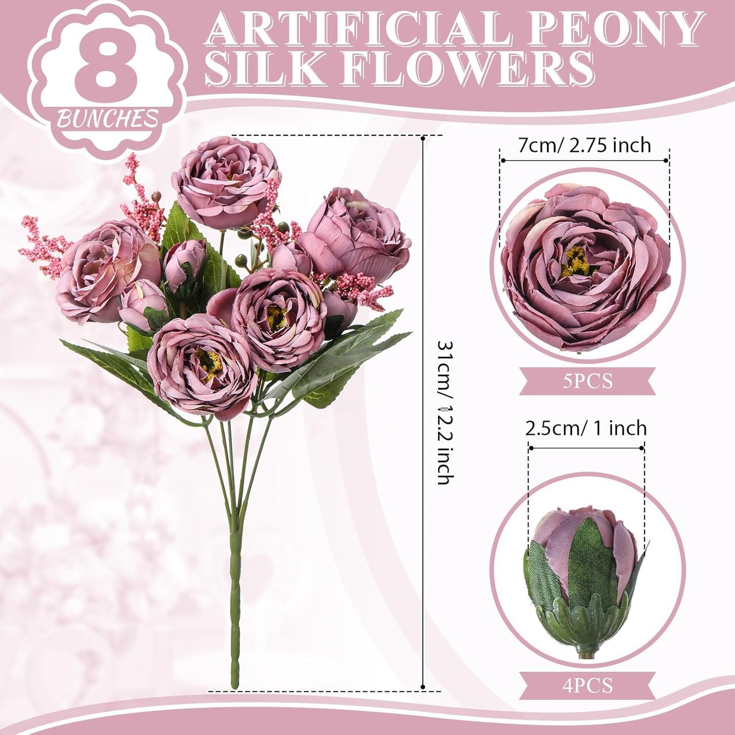 8 Bundles Artificial Peonies Flowers Boho Faux Flowers Arrangements Artificial Centerpiece Spring Bouquet Floral Wedding Decoration for Vase(Dark Purple)