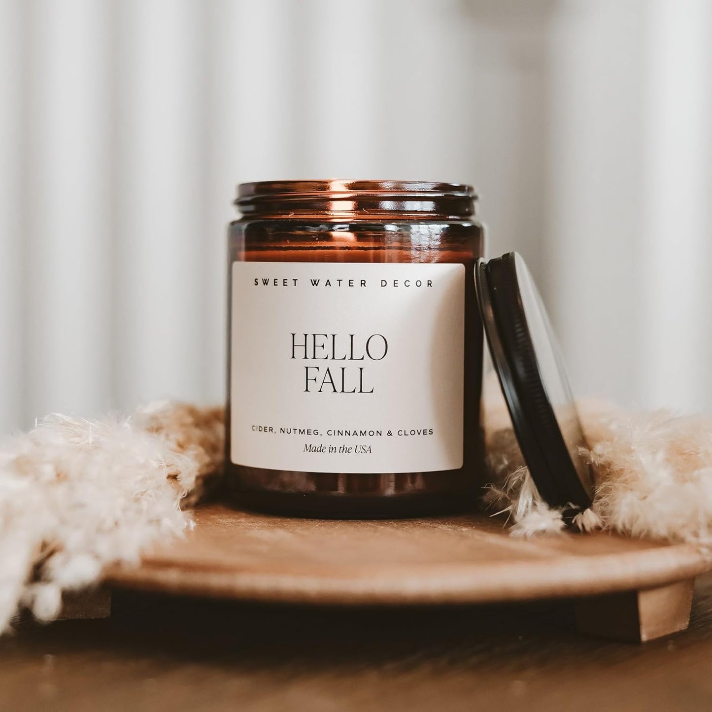 Sweet Water Decor Hello Fall Soy Candles - Fall Candle with Hot Cider, Cinnamon, Cloves, and Nutmeg Scent for Home - Soy Candle with 40 Hours Burn Time - 9Oz Black Lid Amber Jar Candles Fall Scents