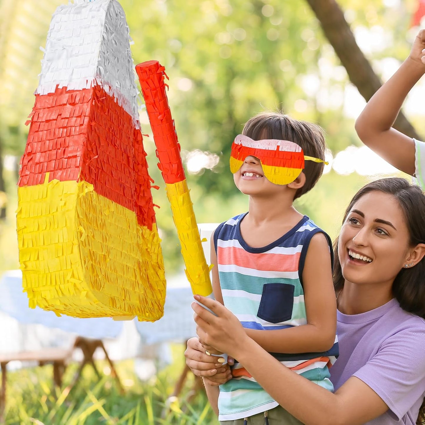 Lenwen Halloween Candy Corn Piñata Halloween Large Piñata with Stick Blindfold and Confetti Party Decorations for Birthday Game Halloween Themed Party Decoration