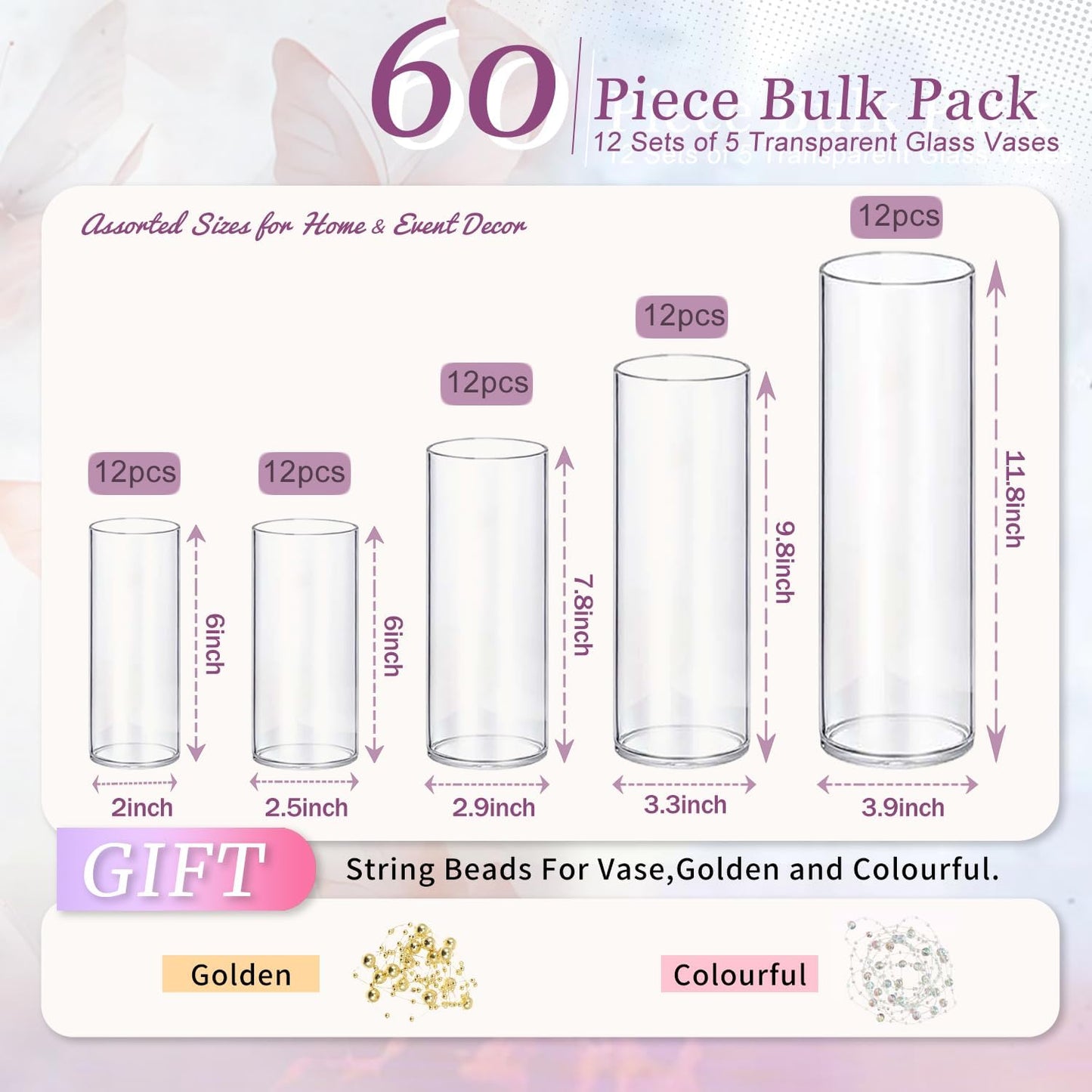 60pcs Glass Vase Cylinder Vases for Centerpieces Small Flower Glass Vases Home Decor Centerpiece Table Clear Flower Vase Decorations for Wedding＆Holiday 6，6，7.8，9.8，11.8 Inch Tall